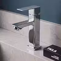 TKLA Torneira Banheiro Quadrada Cromada Bica Baixa - Metal, Acionamento 1/4 de Volta, Água Fria, para Cuba e Lavatório, Kit de Fixação Incluso