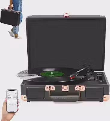 VEDO Toca-Discos Retro, Bluetooth 5.4, com Alto-Falantes, RPM 33/45 / 78, Conversor AUX, Entradas AUX, RCA e LP, Design Leve e Alça Portátil, Madeira Elegante, Escolha dos Amantes da Música, Preto