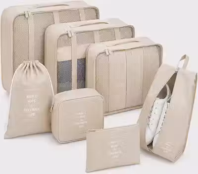 Kit Organizador de Mala 7 Peças Impermeável Organizador de Bagagem para Roupas Sapatos e Cosméticos Necessaire de Viagem Dobrável Compacta Alta Capacidade Multiuso Unissex para Viagens (BEGE)