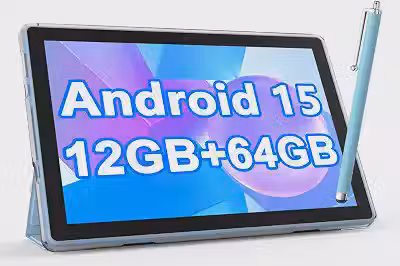 NOVOJOY Tablet Android de 10 polegadas com capa e Stylus Tablet Android 15 com capa, câmera dupla de 2 MP + 8 MP, bateria de 6000 mAh, 12 GB de RAM (expansão de 4 GB + 8 GB) ROM de 64 GB 5 Gwifi-6