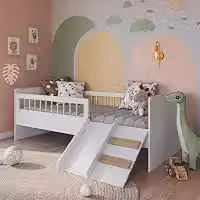 Cama Infantil Montessoriana de Solteiro Menino Menina 193cm com Escada, Escorregador e Grade de Proteção