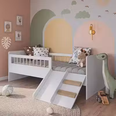 Cama Infantil Montessoriana de Solteiro Menino Menina 193cm com Escada, Escorregador e Grade de Proteção