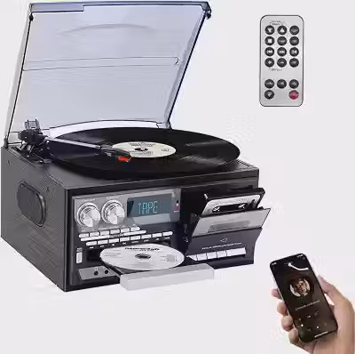 VEDO 9 em 1 Toca-Discos, com BT 5.0, Alto-Falantes Estéreo, Giradiscos 3 Velocidades (33/45/78 RPM) Para Vinil, USB/SD/MMC, Conversor LP/MP3 Via USB - Madeira Elegante, Escolha dos Amantes da Música