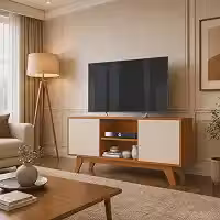 Rack Sala de Estar Turim 2 Portas e Nichos - Para TV até 50 Polegadas Pés Retrô em Madeira (Cedro/Off)