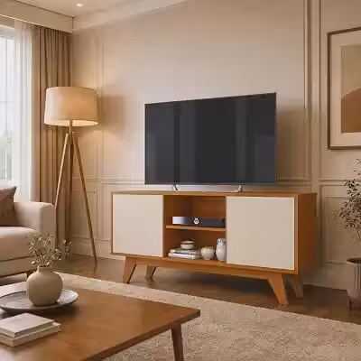 Rack Sala de Estar Turim 2 Portas e Nichos - Para TV até 50 Polegadas Pés Retrô em Madeira (Cedro/Off)