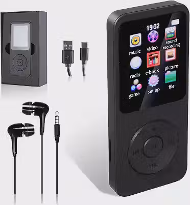 Reprodutor de Áudio MP3 Portátil com Bluetooth 5.0, Tela de 1.8 Polegadas, Suporte para 64GB, Rádio FM, Gravação de Voz, Leitor de E-book e Jogos, Bateria 450mAh, Type-C (Preto)