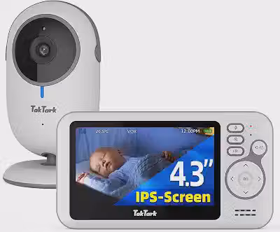 TakTark Babá Eletrônica, 4.3' Câmera para Bebês com Monitor, 2 Way Audio, Visão Noturna Infravermelha, Áudio Bidirecional, Detecção de Som VOX, Monitoramento Temperatura, Ideal para Novos Pais