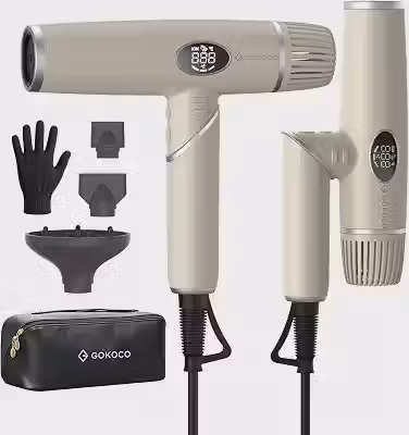 GOKOCO Secador de Cabelo Dobrável de Alta Velocidade,Bivolt,GD045 Motor Brushless 110.000 RPM,Íons Negativos,4 Temperaturas,3 Velocidades,com Difusor e Bicos Modeladores para Viagem,Ouro