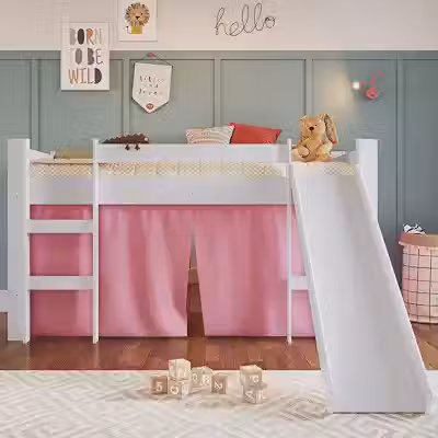 Cama Infantil Elevada com Escorregador e Cortina Completa Móveis