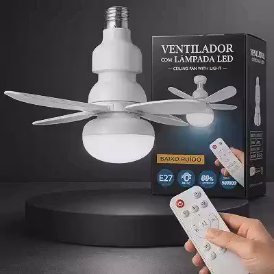 Ventilador de Teto Lâmpada LED 60W Bivolt com Controle Remoto – 3 Velocidades, Iluminação E27 Funcionamento Silencioso Ideal para Sala, Quarto e Escritório
