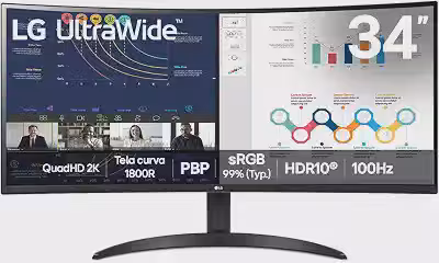 LG UltraWide Monitor Curvo 34' VA 100Hz 5ms (GtG) WQHD 2K (3440x1440) HDR10 PBP sRGB 99% Proporção 21:9, Preto - 34WR50QK