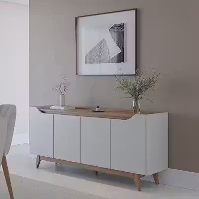 Buffet para Sala de Jantar 180 Cm com Pés de Madeira e Nichos Pulse Off White Fosco/Canela