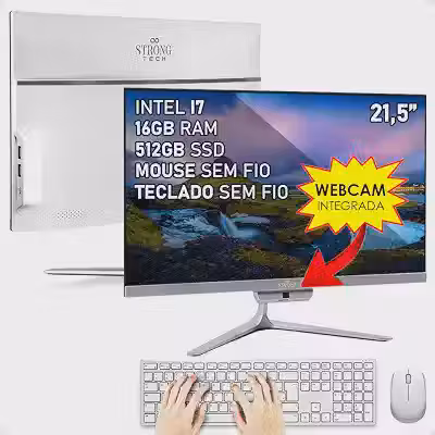Computador Completo All In One Intel Core i7 21,5' Full HD 16GB SSD 512GB 4 Núcleos Super Turbo Hdmi Teclado e Mouse Strong Tech