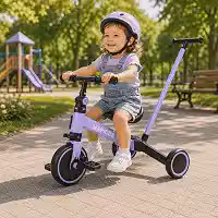 Triciclo Infantil Evolutivo 5 em 1 MSP Kids com Haste Empurradora, Bicicleta de Equilíbrio, Pedais Removíveis, Assento Ajustável, Rodas em EVA e Rolamentos, Lilás