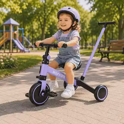 Triciclo Infantil Evolutivo 5 em 1 MSP Kids com Haste Empurradora, Bicicleta de Equilíbrio, Pedais Removíveis, Assento Ajustável, Rodas em EVA e Rolamentos, Lilás