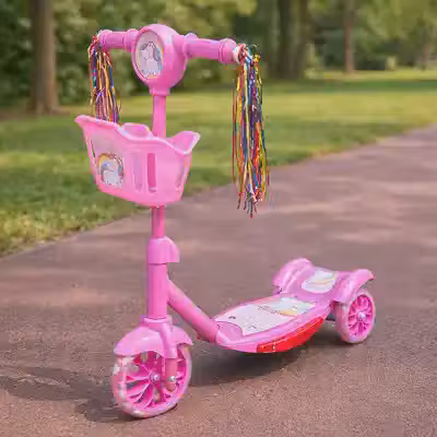 Patinete Infantil 3 Rodas com Luzes Led Som Musical Altura Regulável Freio Traseiro e Cesta