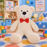 Urso de Pelúcia Teddy Grande com Laço 50cm Fofinho Presente Baunilha