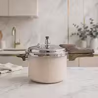 Panela de Pressão 4,2L Antiaderente com Fundo Triplo em Inox, Revestimento Cerâmico Marmorizado, Compatível com Indução, Gás, Elétrico e Vitrocerâmico, Design Premium Creme para Cozinha Moderna