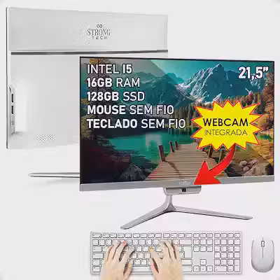 Computador Completo All In One Intel Core i5 21,5' Full HD 16GB SSD 128GB 4 Núcleos Super Turbo Hdmi Teclado e Mouse Strong Tech