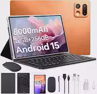 Xixaomiro Tablet Android 15 Pad 10.1', 256GB ROM + 12GB RAM, Câmera 13MP + 5MP, Bateria 8000mAh – Kit Completo com Caneta, Mouse, Teclado e Capa, Adequado para Estudo, Trabalho e Lazer (Laranja claro)