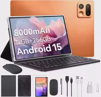 Xixaomiro Tablet Android 15 Pad 10.1', 256GB ROM + 12GB RAM, Câmera 13MP + 5MP, Bateria 8000mAh – Kit Completo com Caneta, Mouse, Teclado e Capa, Adequado para Estudo, Trabalho e Lazer (Laranja claro)