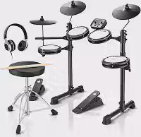 Donner Conjunto de bateria eletrônica DED-80 com 4 pads de malha silenciosos, mais de 180 sons, 2 pedais, trono, fones de ouvido, bastões e lições de melódica