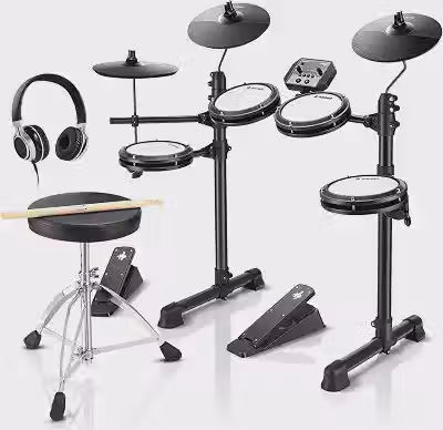 Donner Conjunto de bateria eletrônica DED-80 com 4 pads de malha silenciosos, mais de 180 sons, 2 pedais, trono, fones de ouvido, bastões e lições de melódica
