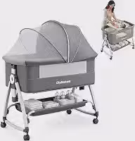 OLANENEM 6 em 1 Berço Portátil, Berço Moisés com Fraldário e Mosquiteiro, Berço Acoplado à Cama com Suporte Triangular de Aço Carbono, 6 Alturas e Inclinação Antirrefluxo 5°(Cinza)