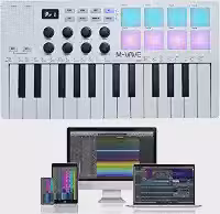 M-VAVE VEDO Teclado controlador 25 teclas USB MIDI com 8 pads de bateria retroiluminados, teclado dinâmico profissional semipesado Bluetooth, 8 botões e produção musical, software incluído (branco)
