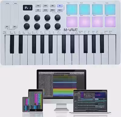 M-VAVE VEDO Teclado controlador 25 teclas USB MIDI com 8 pads de bateria retroiluminados, teclado dinâmico profissional semipesado Bluetooth, 8 botões e produção musical, software incluído (branco)