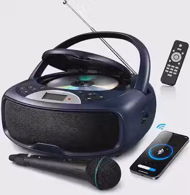 Player de CD Portátil com Microfone e Rádio AM/FM, Entrada para Microfone e Controle Remoto - Mini System Toca CD com Múltiplos Modos de Reprodução