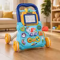 Andador Infantil Premium Educativo 2 em 1 com Painel de Atividades, Lousa Magnética para Desenho, Brinquedo Interativo, Coordenação Motora, Desenvolvimento Sensorial e Aprendizado Azul
