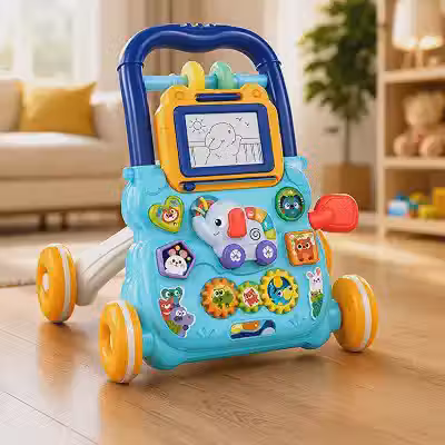 Andador Infantil Premium Educativo 2 em 1 com Painel de Atividades, Lousa Magnética para Desenho, Brinquedo Interativo, Coordenação Motora, Desenvolvimento Sensorial e Aprendizado Azul