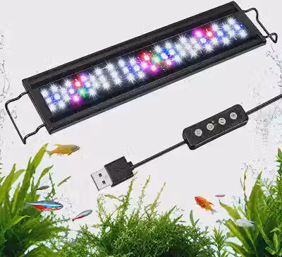 Luminaria para Aquario 53 LEDs Brancos, Azuis, Rosa, Verde e Vermelhos 6W 10000K Controlador Externo Adaptador USB Suportes Extensíveis Carcaça de Plástico Luminária para Aquário de Água Doce