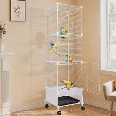 Gaiola para Calopsita, 132*37*37cm, Viveiro para Papagaio Grande, Gaiola Calopsita, Viveiro para Calopsita com Vara de Pouso, Rodízios Giratórios e Bandeja, Branco