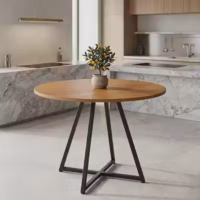 Mesa Redonda 4 Lugares Estilo Industrial para Sala de Jantar e Escritório Tampo MDF e Base de Aço (Amadeirado/Pé Preto)