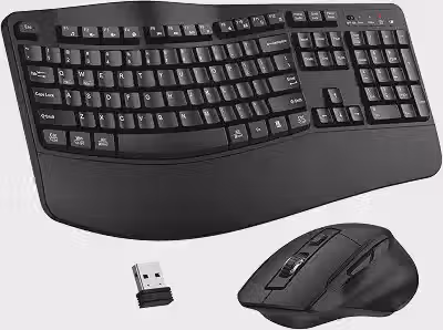 Conjunto de teclado e mouse sem fio, teclado ergonômico de teclas onduladas de tamanho completo 2.4G com descanso de pulso e mouse ergonômico sem fio ajustável de 3 níveis DPI para Windows, Mac OS