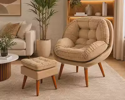 Poltrona + Puff Almofadada Estofada Com Design Moderno com Pés de Madeira Tecido no Veludo Bege Para Quarto Sala Cantinho de Leitura
