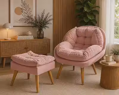 Poltrona + Puff Almofadada Estofada Com Design Moderno com Pés de Madeira Tecido no Linho Rose Para Quarto Sala Cantinho de Leitura