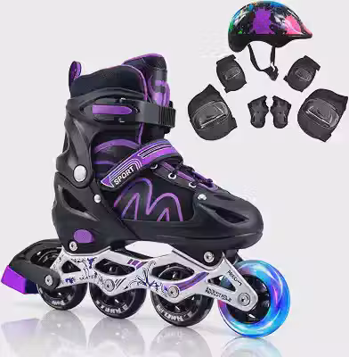 Patins Roller Inline 4 Rodas Skates Ajustavél com Rodas Iluminadas e Kit de Proteção, Capacete e Rodas com Luz LED, para Iniciantes
