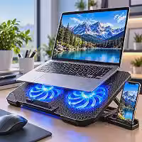 Suporte para Notebook Base Ergonômica Silencioso LED Azul 8 Níveis de Altura Refrigerada com 2 Coolers Potentes e com Suporte de Celular Integrado Premium