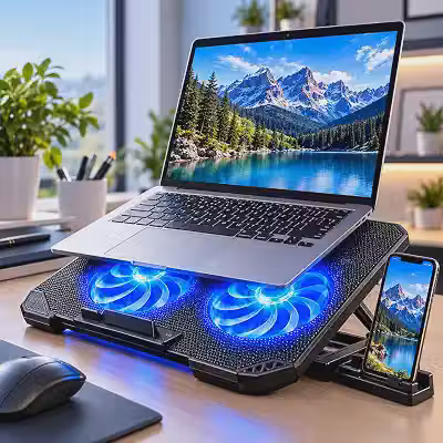 Suporte para Notebook Base Ergonômica Silencioso LED Azul 8 Níveis de Altura Refrigerada com 2 Coolers Potentes e com Suporte de Celular Integrado Premium