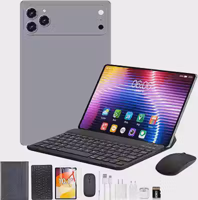Tablet 10,1 Polegadas Android 14, 16GB RAM + 512GB, Tela 1920x1200, Dual SIM, WiFi, Bateria 8800mAh, Câmeras 8MP+16MP, Com Película, Caneta, Mouse, Teclado, Fone e Cartão de Memória 128GB