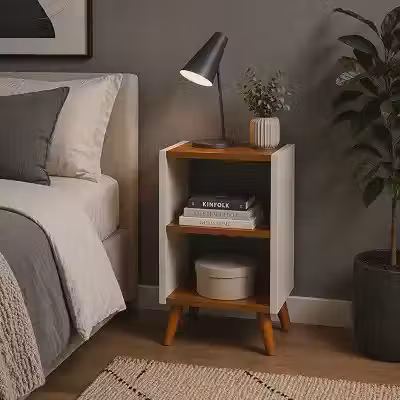 Mesa De Cabeceira Nicho Multiuso Mesinha Lateral Decoração Quarto Com Pés Palito (Off/Freijo)