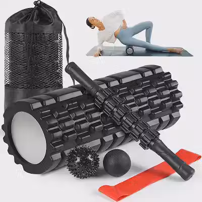 Kerdele Kit Rolo de Liberação Miofascial, 5 Em 1 Rolo Massagem Liberação Miofascial com Bastão, Rolinho, Faixa de Alongamento, 2 Bolas de Massagem e Sacola de Transporte