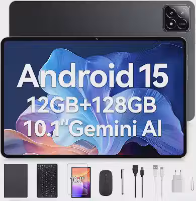 Tablet Xixaomiro Pad 10.1' Android 15, 128GB ROM + 12GB RAM, Tela 120Hz, Octa-Core, Câmera 13MP + 5MP, Bateria 8000mAh, Kit com Teclado, Mouse e Caneta Stylus para Trabalho e Estudos (Cinza claro)