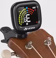 VEDO Afinador Clip Recarregável Preto com Display LCD de Alta Precisão, Afinador Cromático para Guitarra, Violão, Baixo, Ukulele e Violino, Bateria de Lítio 20h, Cabo USB-C, Desligamento Automático