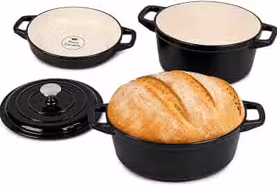 Conjunto de Panelas Holândesa Ferro Fundido Esmaltado, 3 Peças, Indução Forno e Fogão, Antiaderente, Caçarola 24 cm. Grande 4.2L, Média 3L, Menor 2L. (Black)