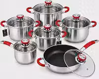 Jogo Panelas Inox 12 Peças Indução Fundo Triplo Com Frigideira Cerâmica Pegadores Silicone Kit Completo