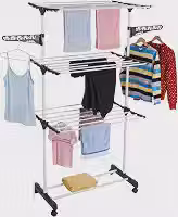 Varal De Chão 3 Andares Grande de Roupas Dobrável Regulável Retrátil com Rodinhas e Ganchos Compacto (PRETO)